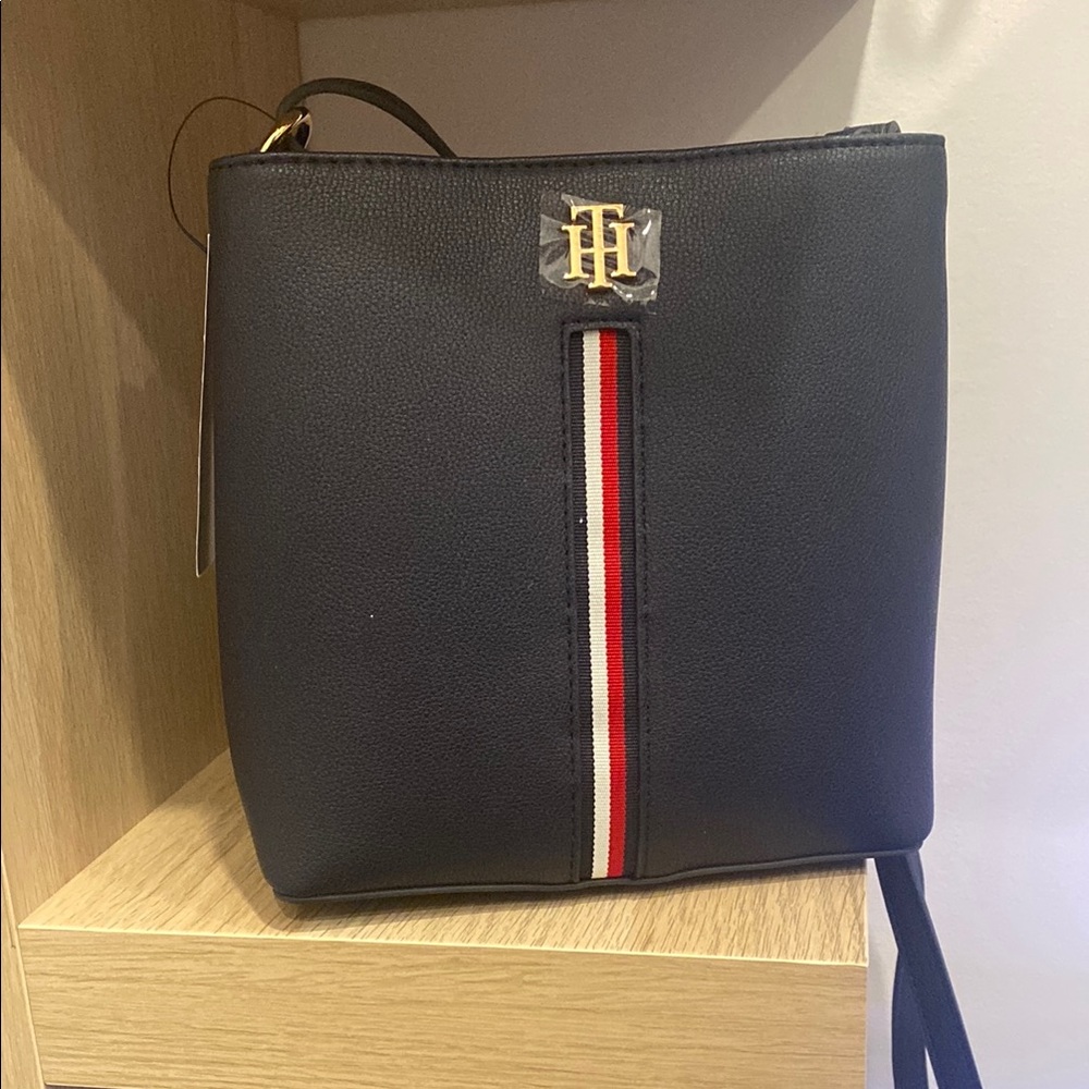 Tommy Hilfiger Black and Red Messenger Bag with Iconic Design